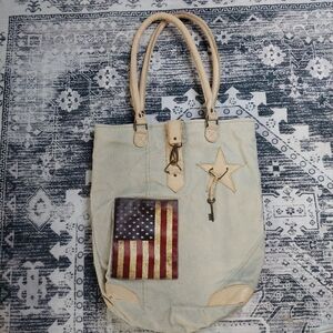 Vintage Addiction US Flag Canvas  Leather‎ Handles Tote Bag